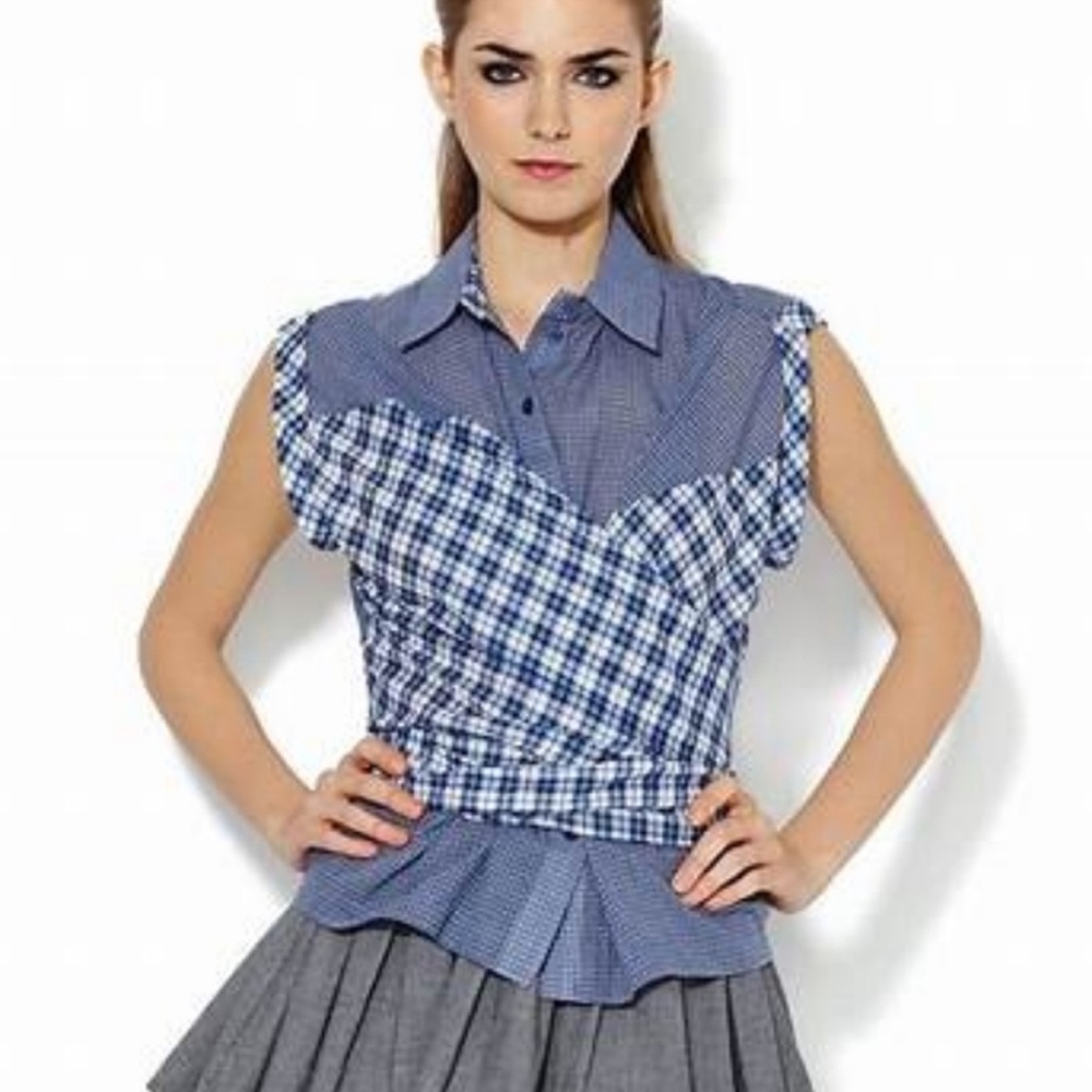 NWOT, L.A.M.B. Blue Gingham Mixed Media Top